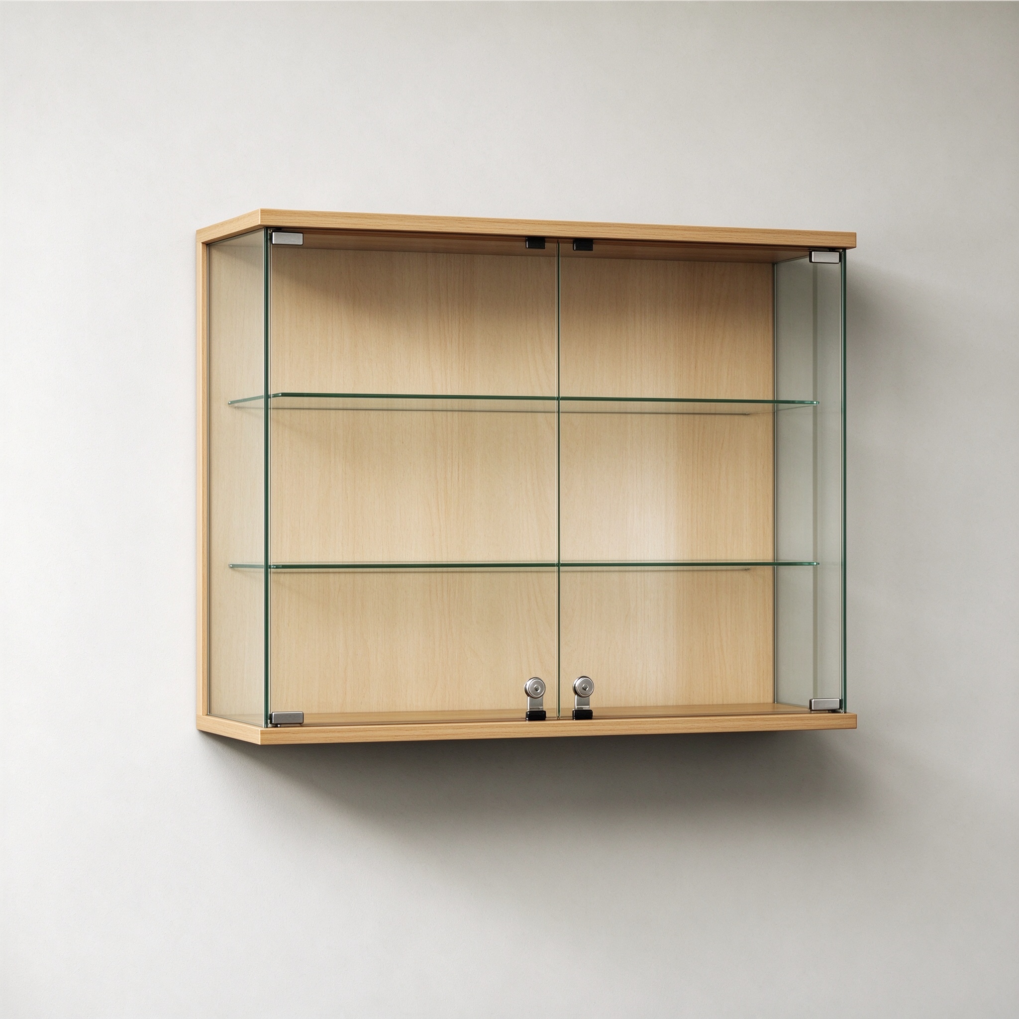Minimalist wall glass display case left 45 degree view