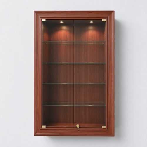 Cherry wood wall display cabinet left 45 degree view