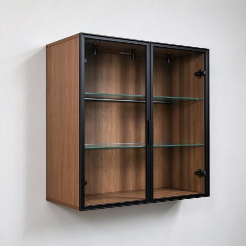 Black metal frame wall display cabinet left 45 degree view