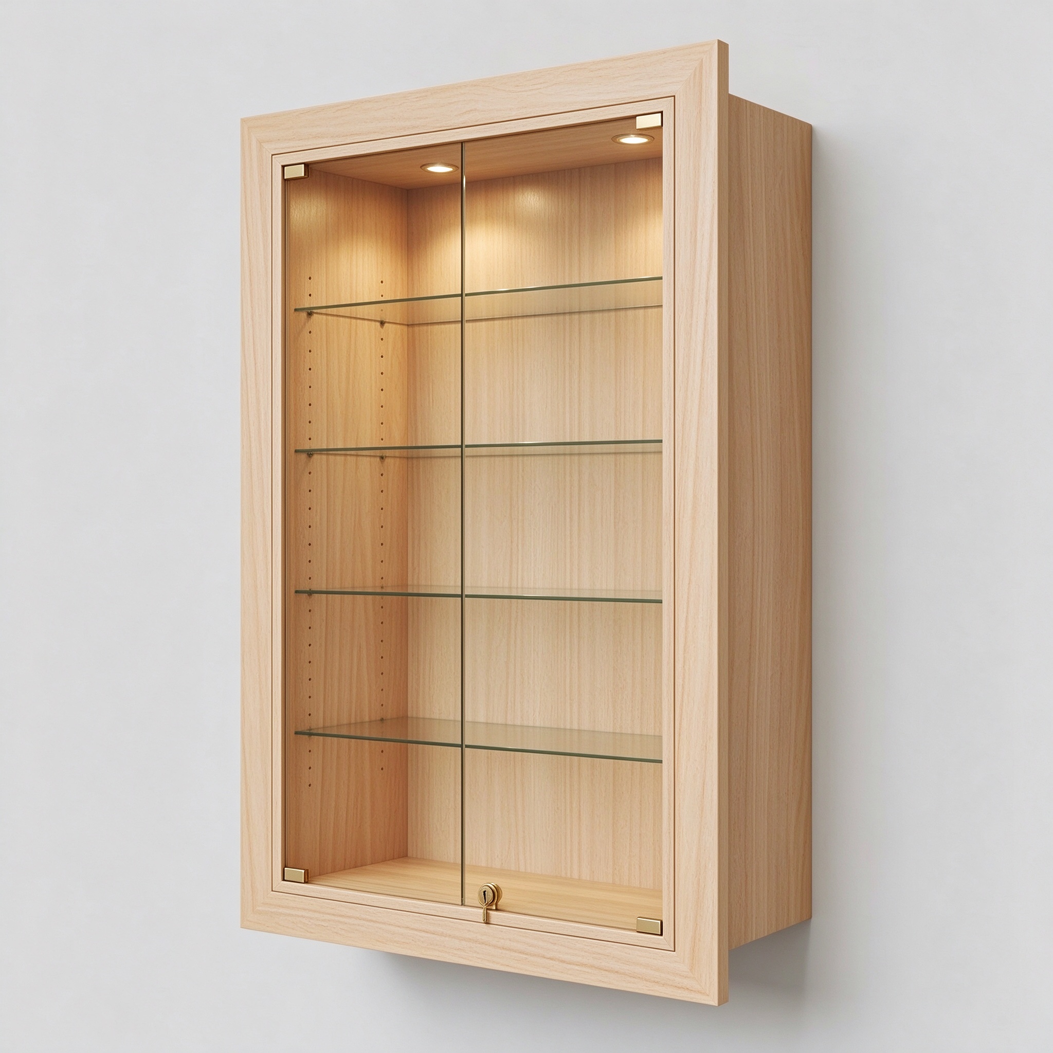 Maple wood wall display cabinet left 45 degree view