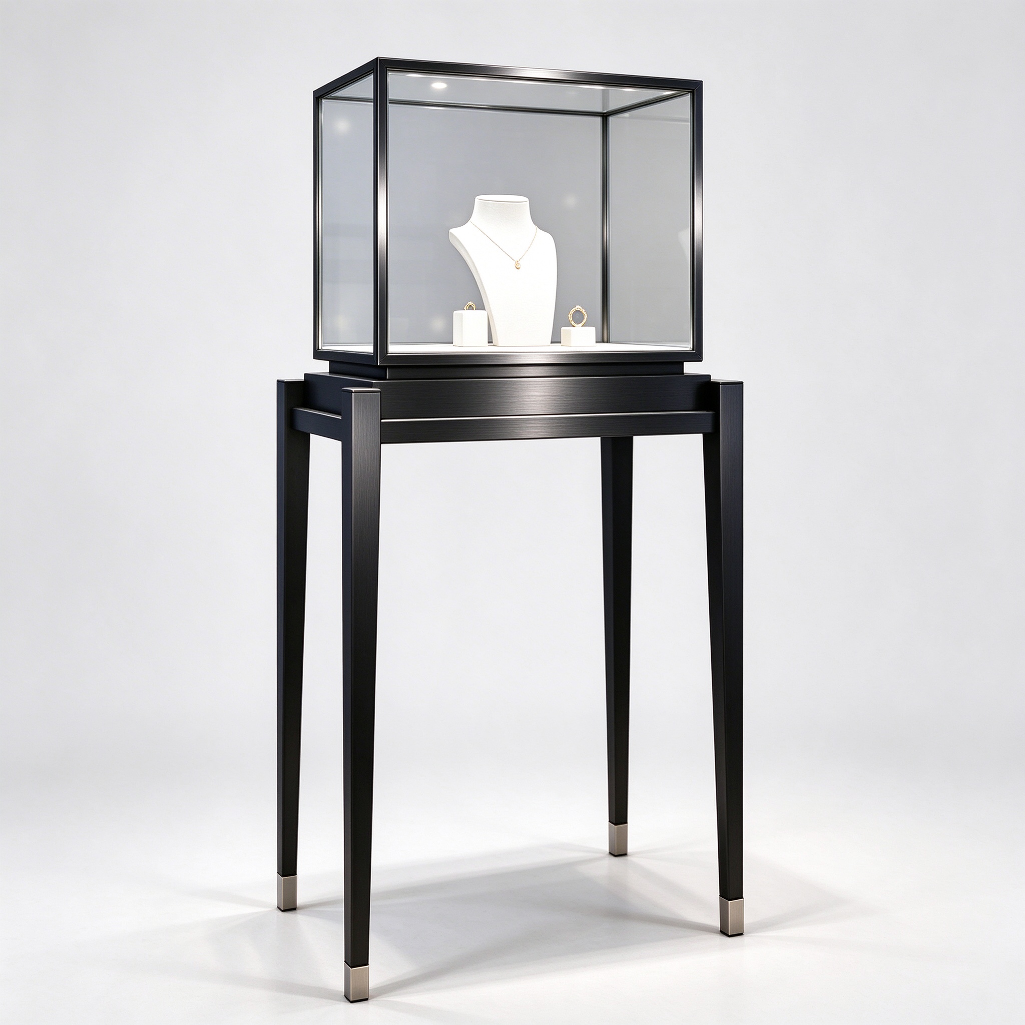 Black titanium jewelry display pedestal left 45 degree view