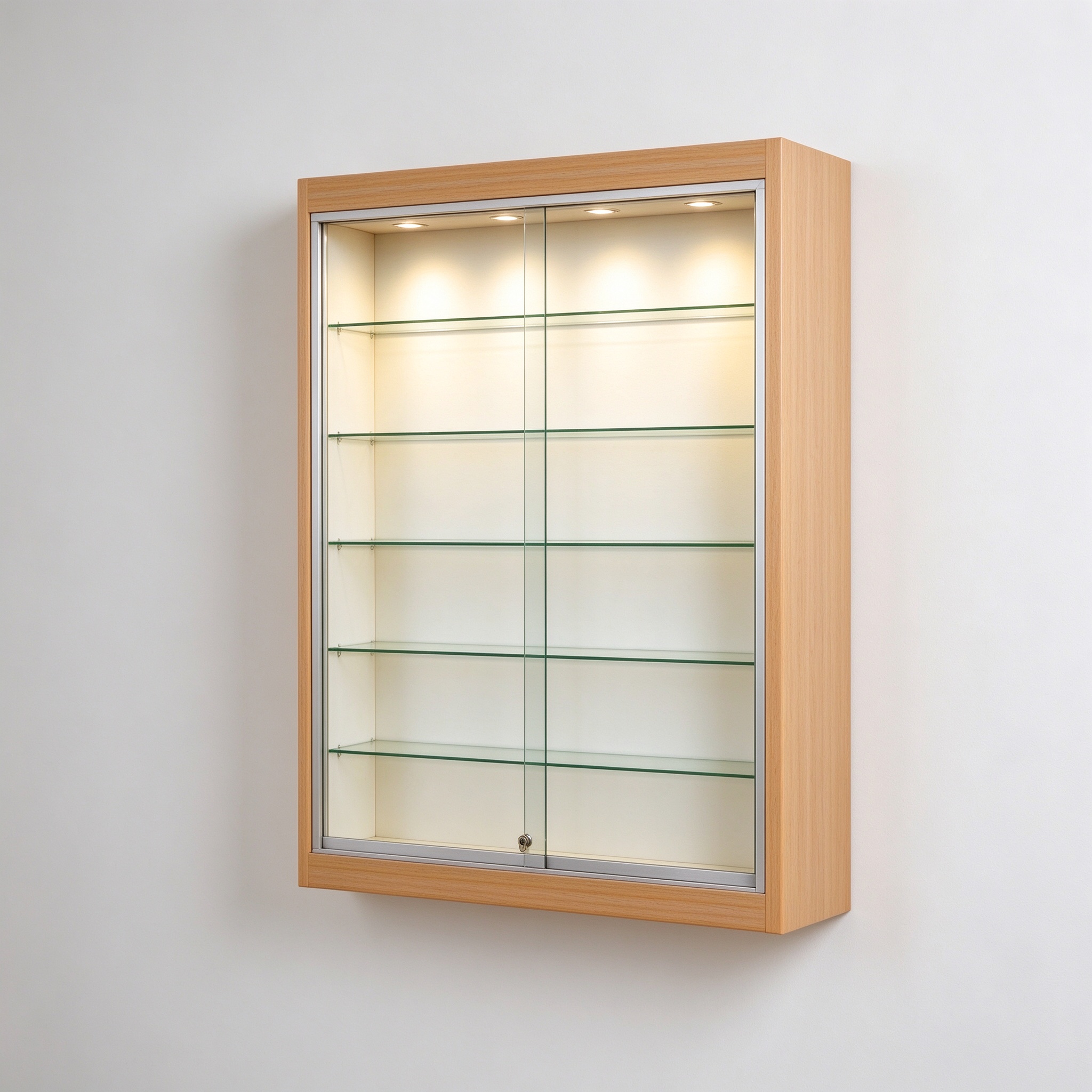 Light wood wall LED display cabinet left 45 degree view