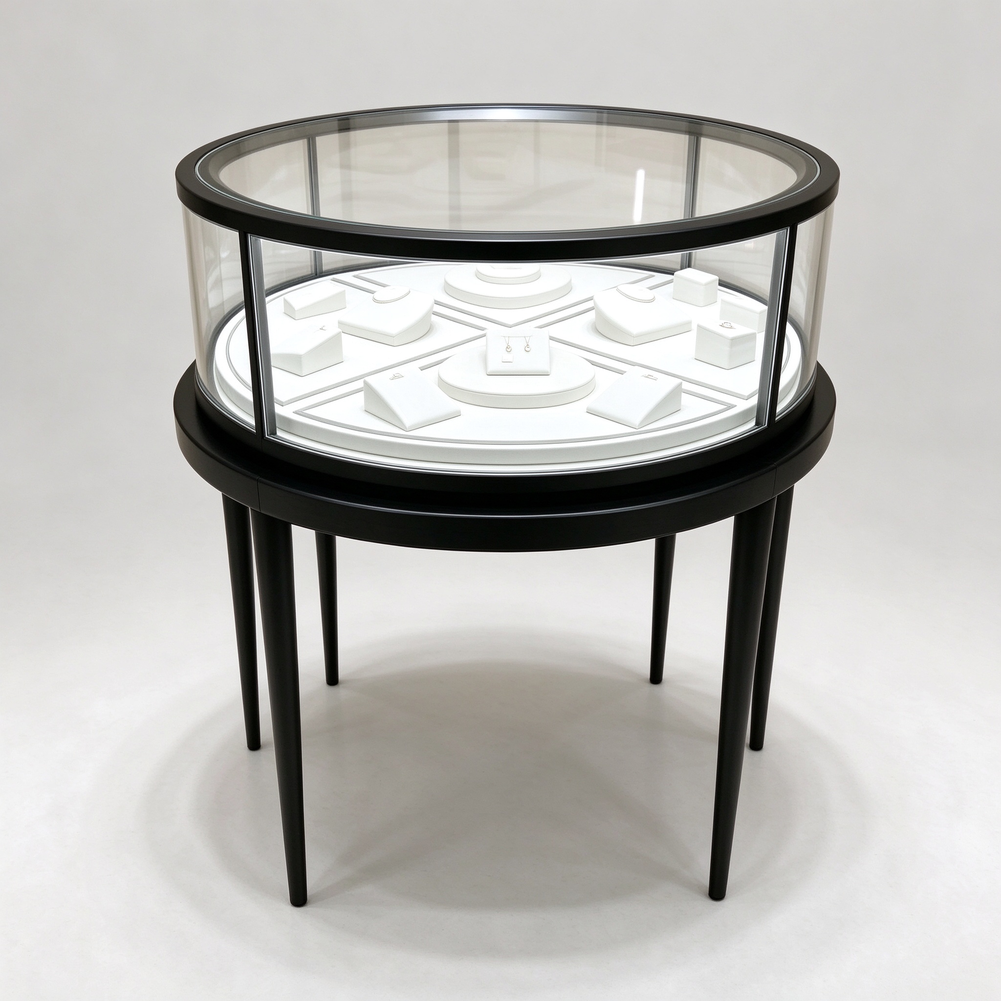 Round black metal glass jewelry showcase left 45 degree view