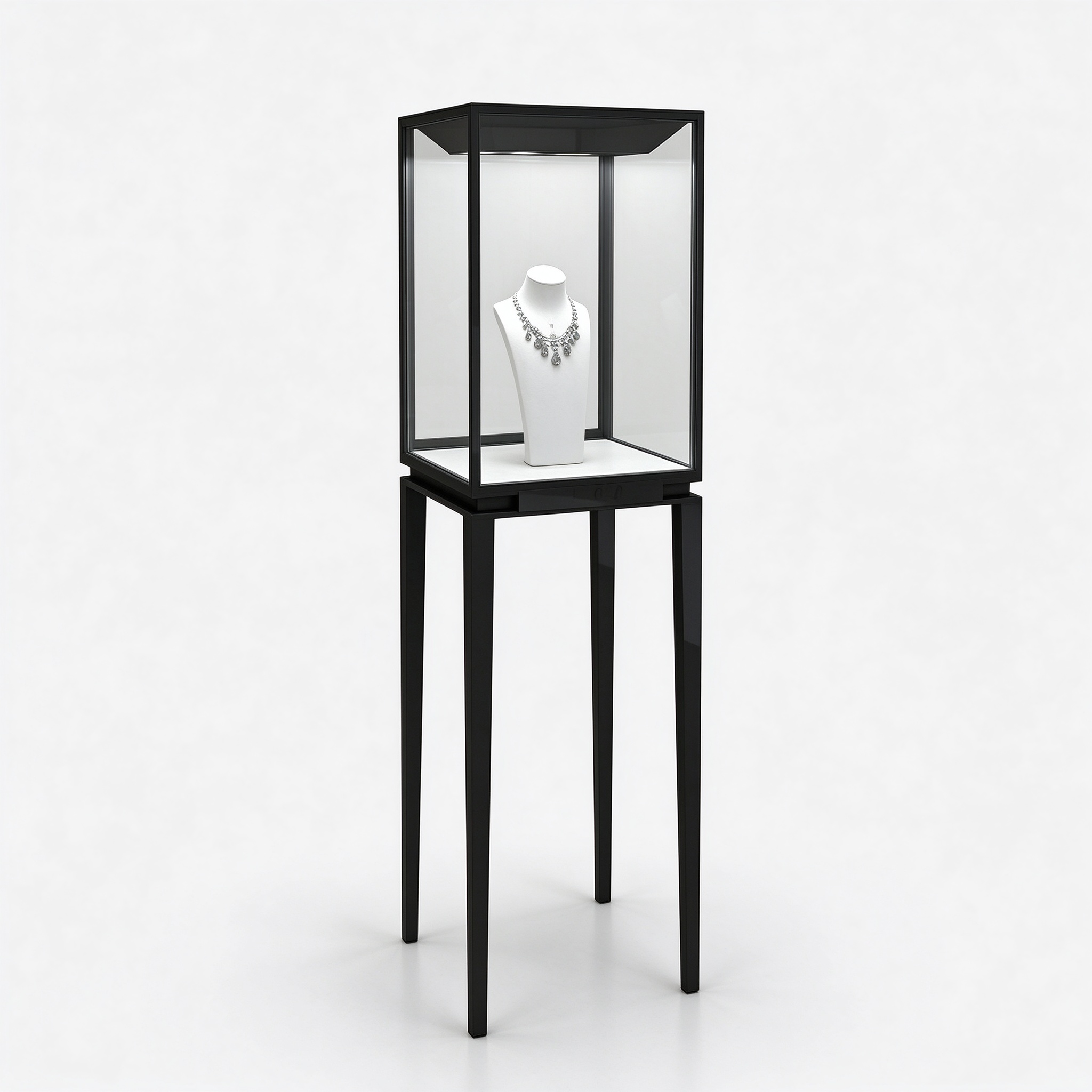 Brushed black jewelry display pedestal left 45 degree view