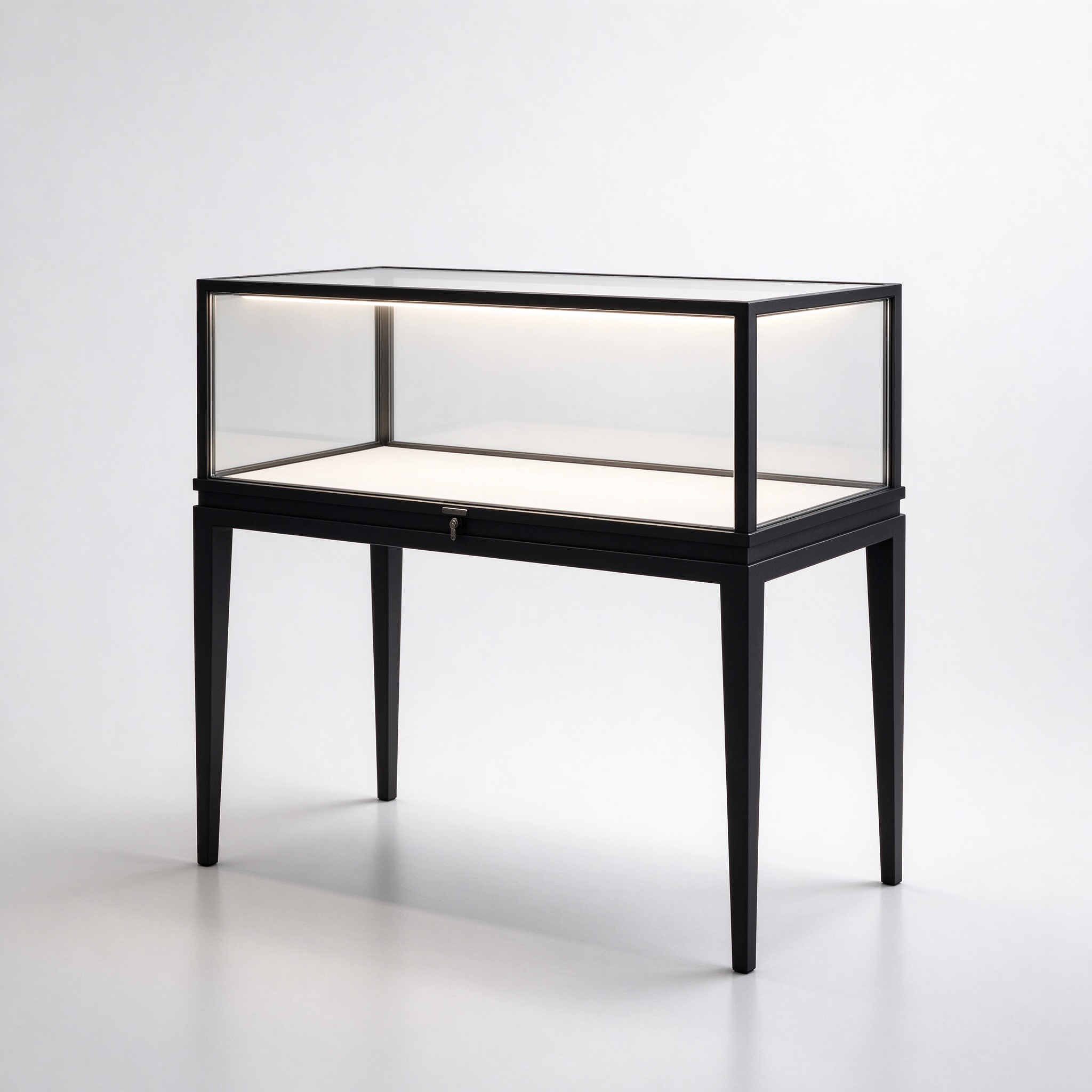 Black metal jewelry display table left 45 degree view