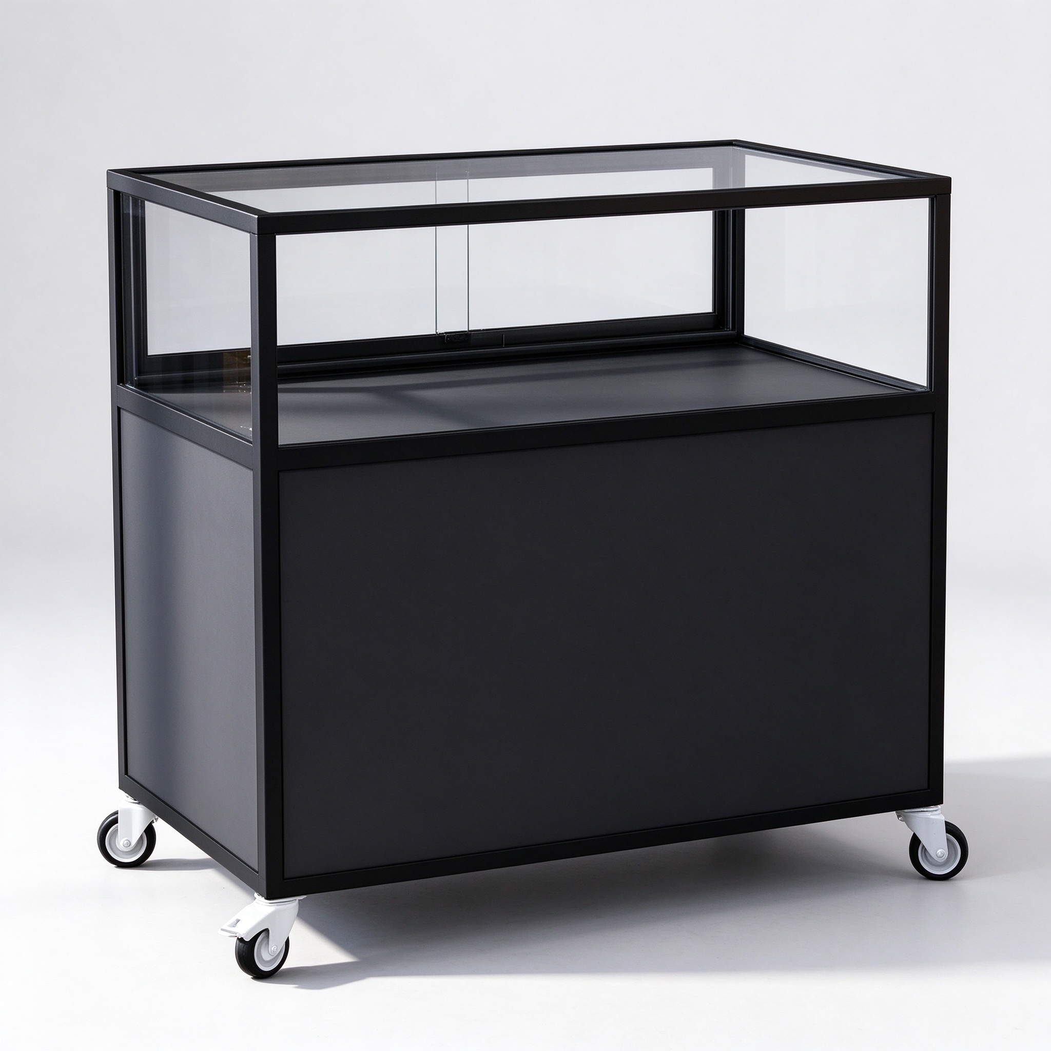 Black mobile glass display counter left 45 degree view