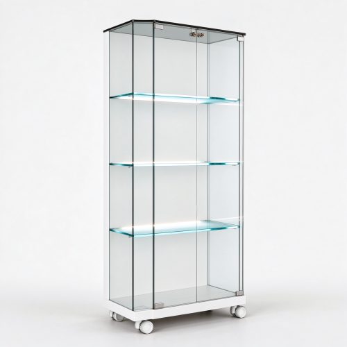 White glass display tower left 45 degree view