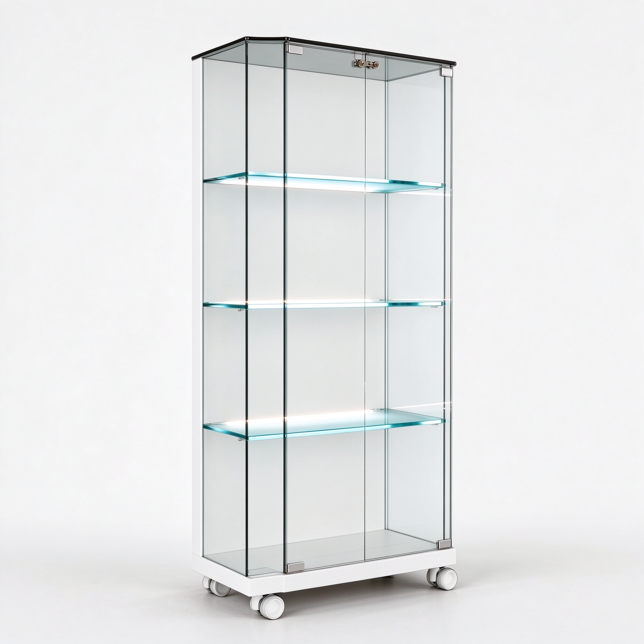 White glass display tower left 45 degree view