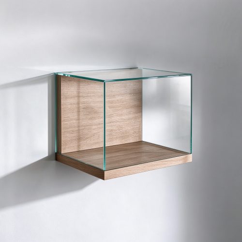 Wall mounted frameless glass display box left 45 degree view
