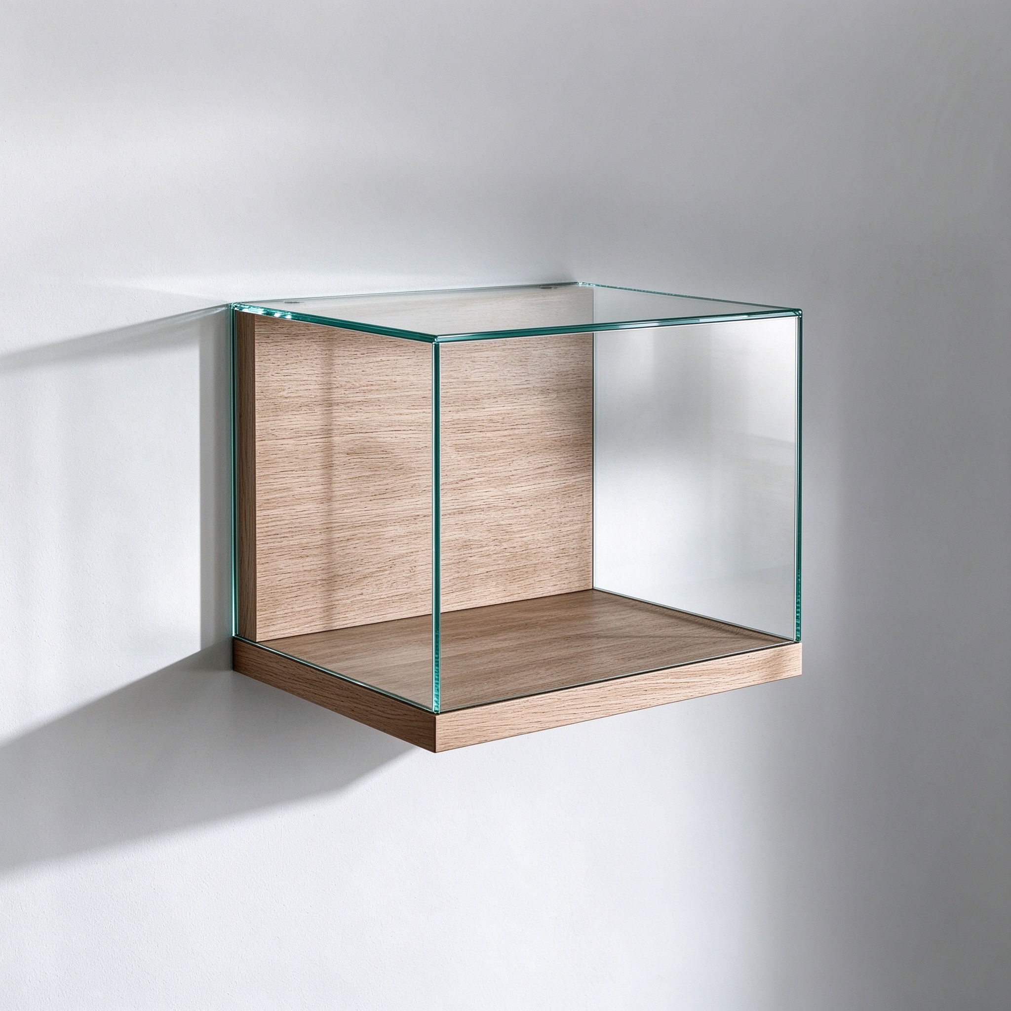 Wall mounted frameless glass display box left 45 degree view