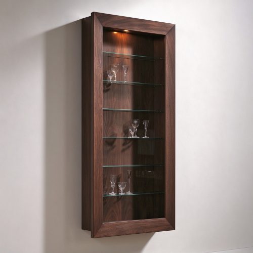 Walnut wall recessed display cabinet left 45 degree view