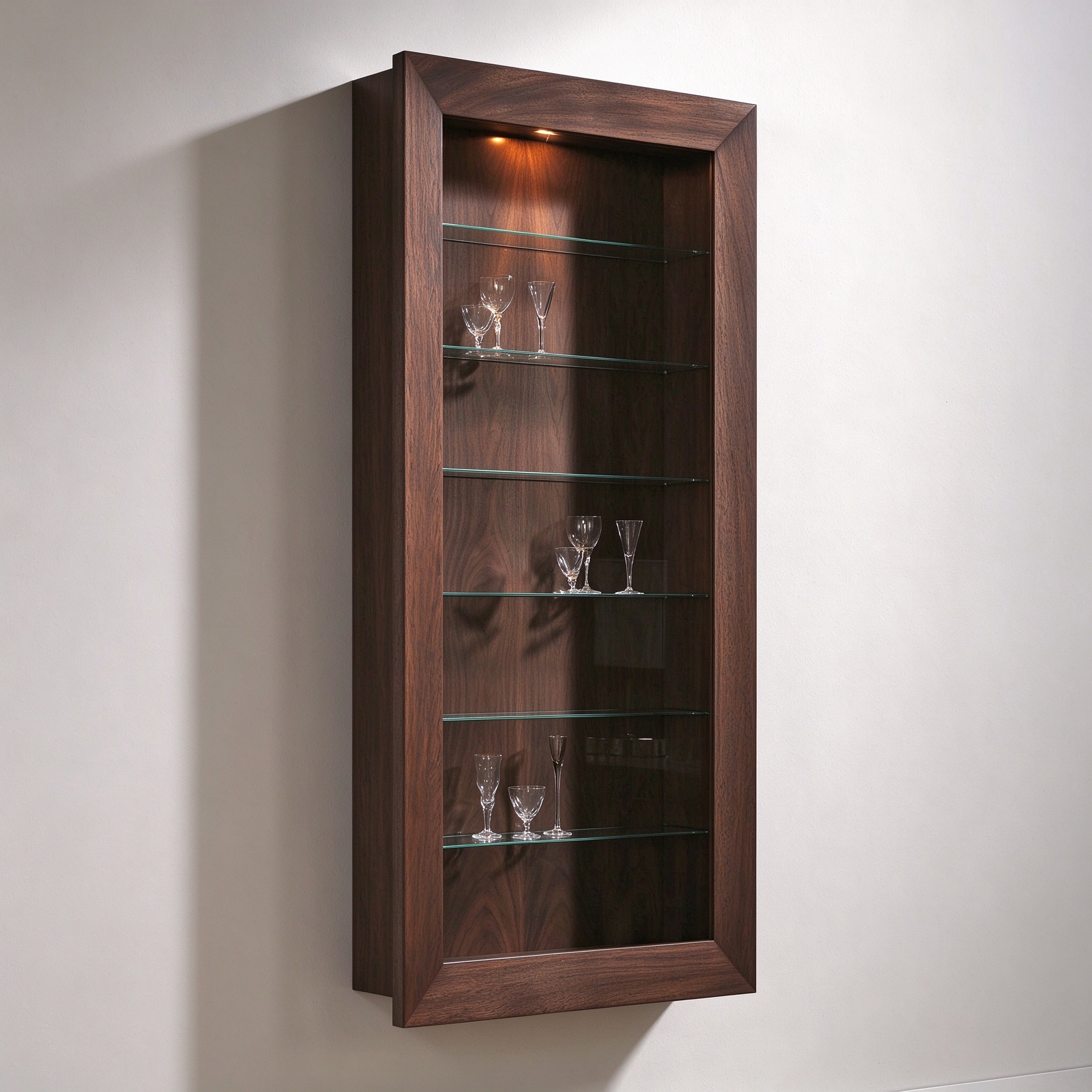 Walnut wall recessed display cabinet left 45 degree view