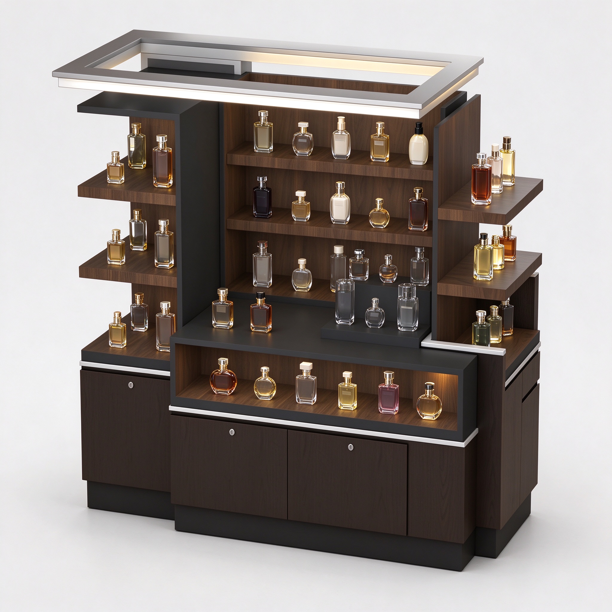Dark brown wood perfume display cart left 45 degree view