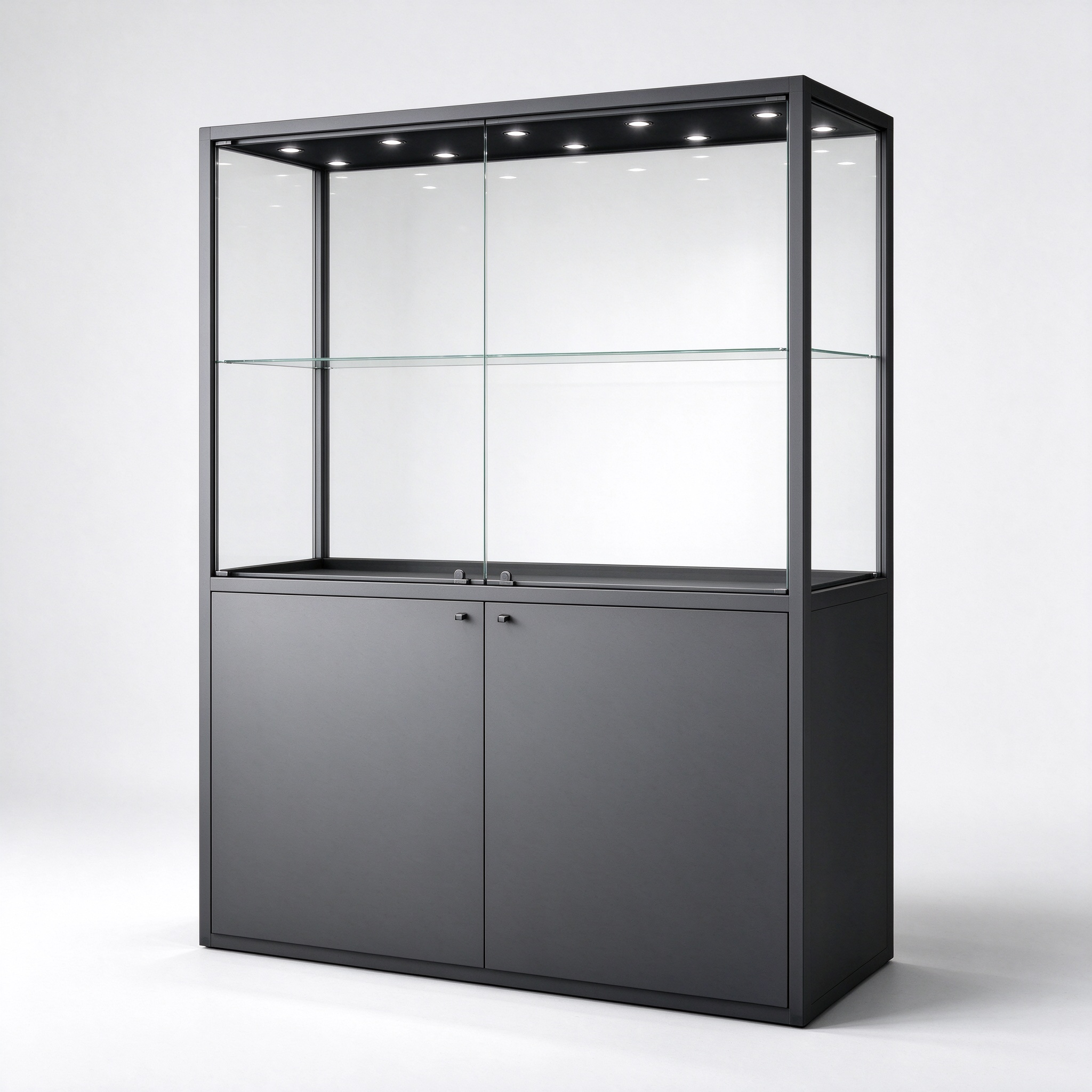 Black metal glass display showcase right 45 degree view
