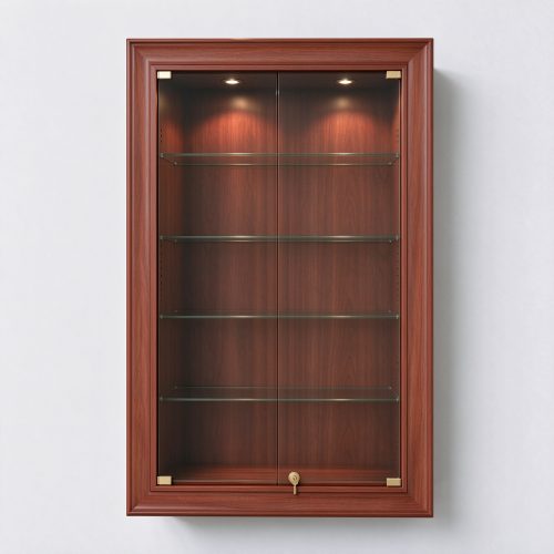 Cherry wood wall display cabinet straight-on front view
