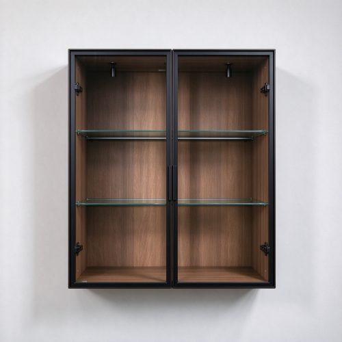 Black metal frame wall display cabinet straight-on front view