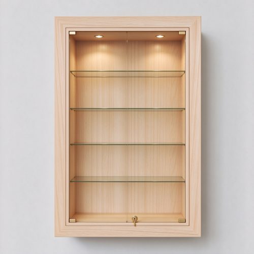 Maple wood wall display cabinet straight-on front view