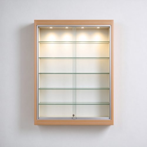 Light wood wall LED display cabinet straight-on front view