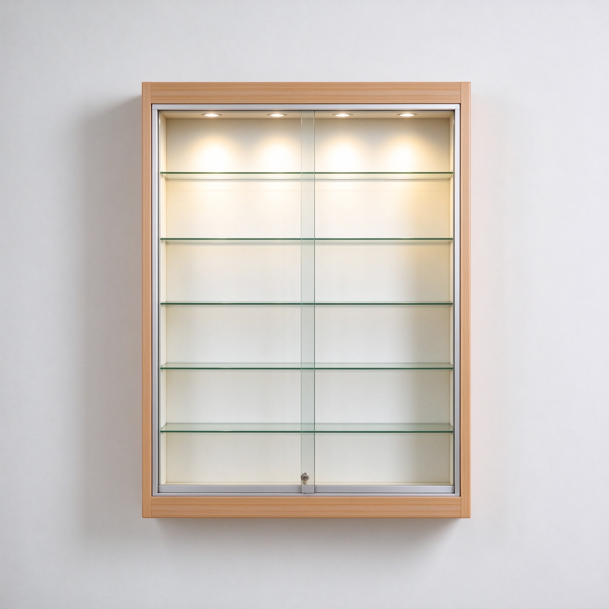 Light wood wall LED display cabinet straight-on front view