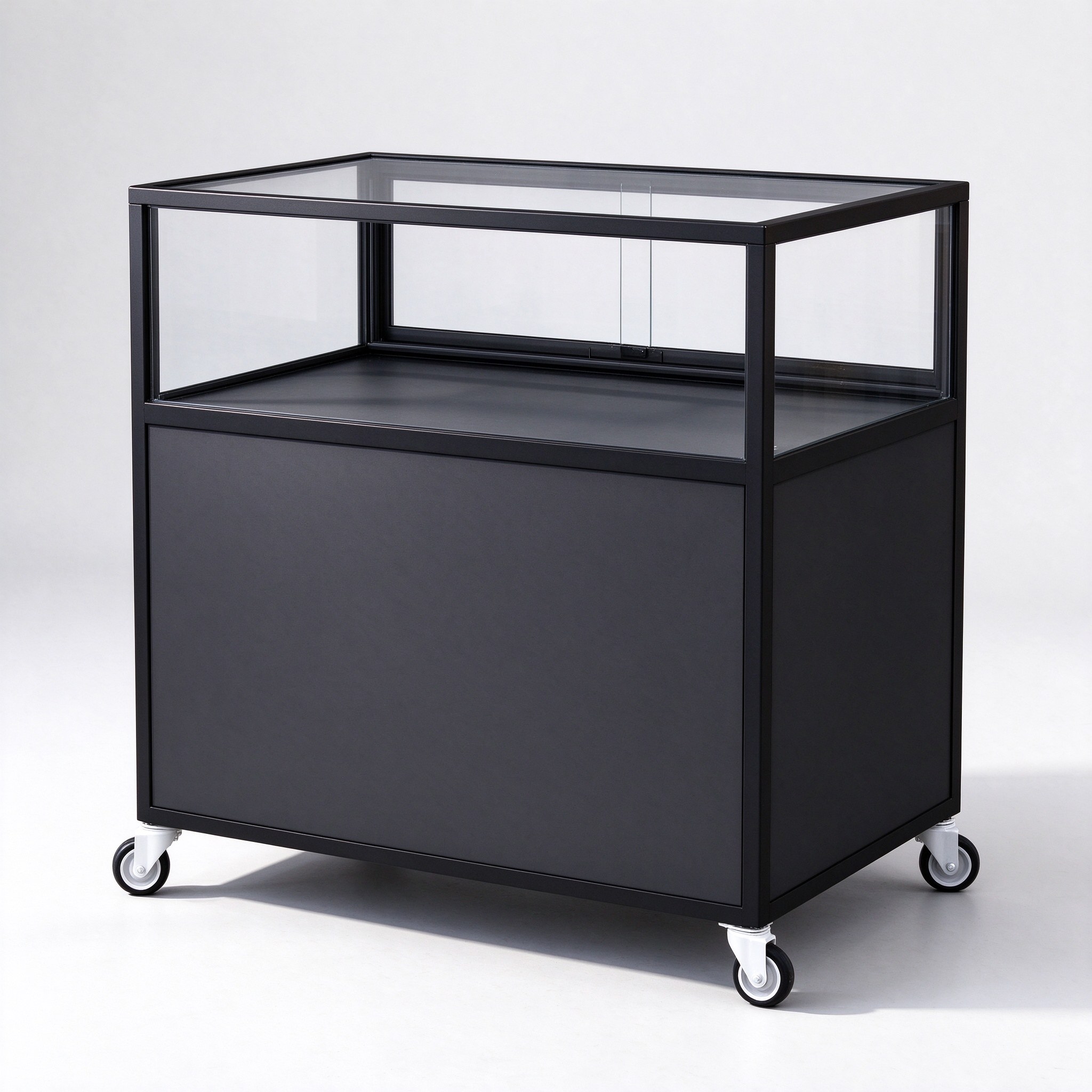 Black mobile glass display counter right 45 degree view