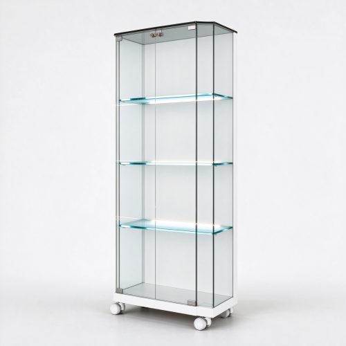 White glass display tower right 45 degree view