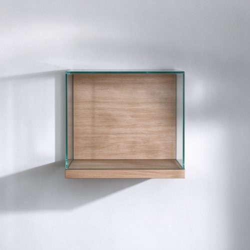 Wall mounted frameless glass display box straight-on front view