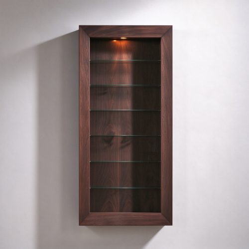 Walnut wall recessed display cabinet straight-on front view