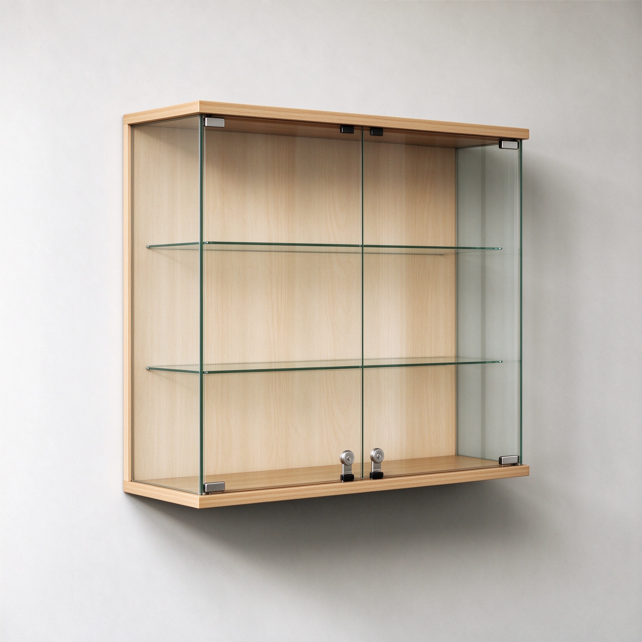 Minimalist wall glass display case right 45 degree view