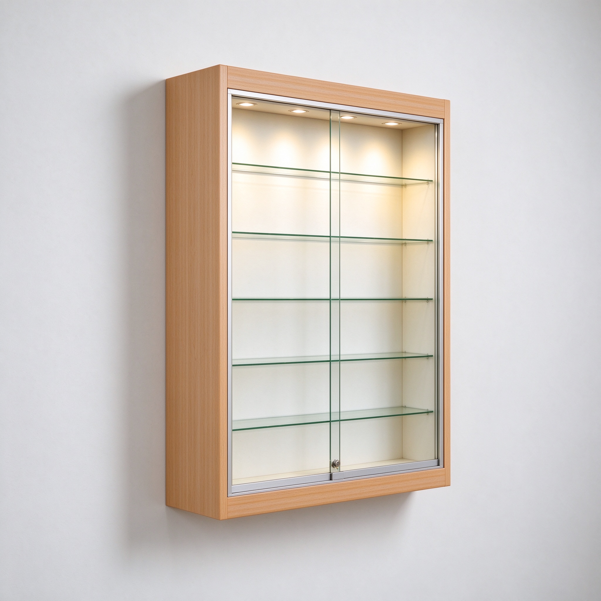 Light wood wall LED display cabinet right 45 degree view