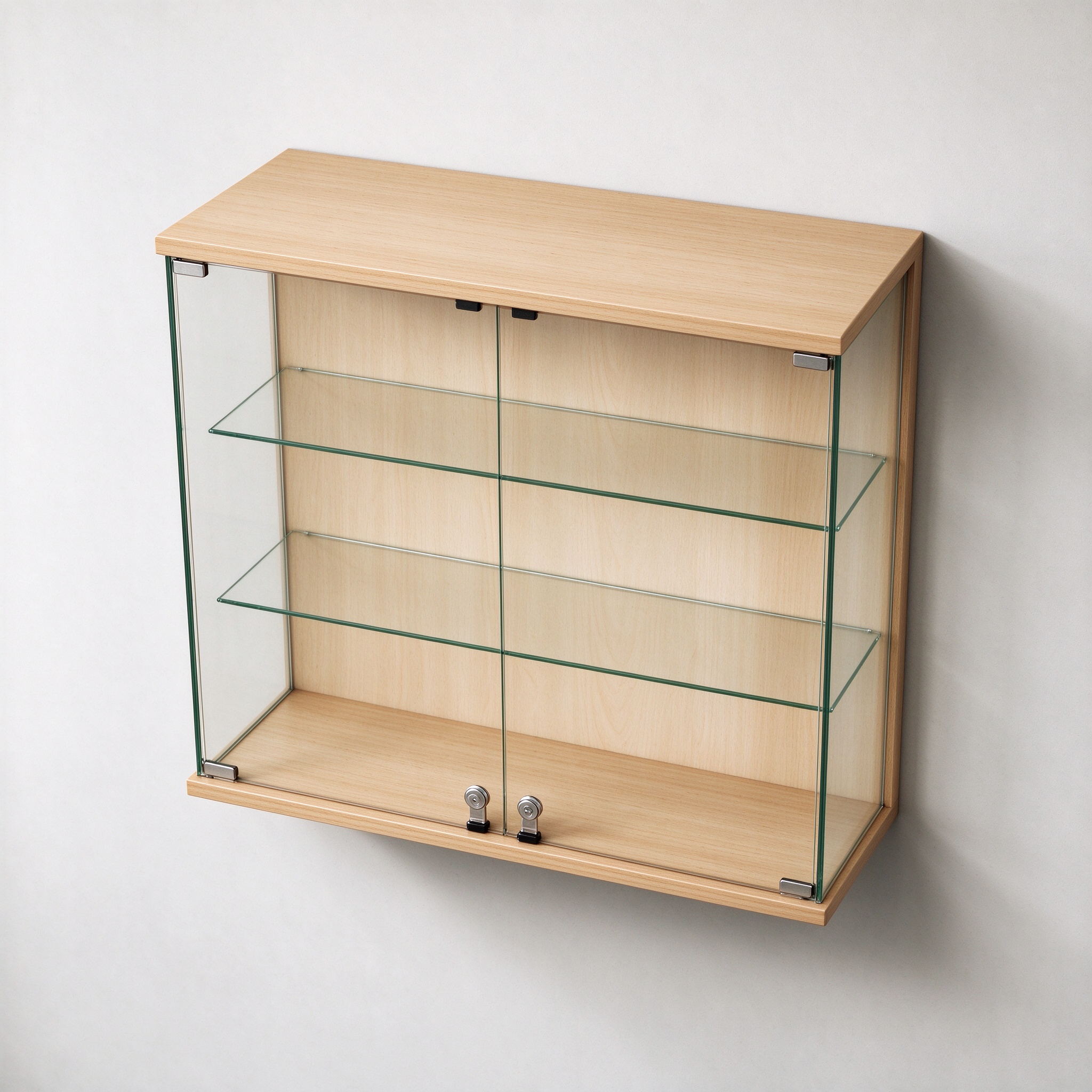 Minimalist wall glass display case high angle view