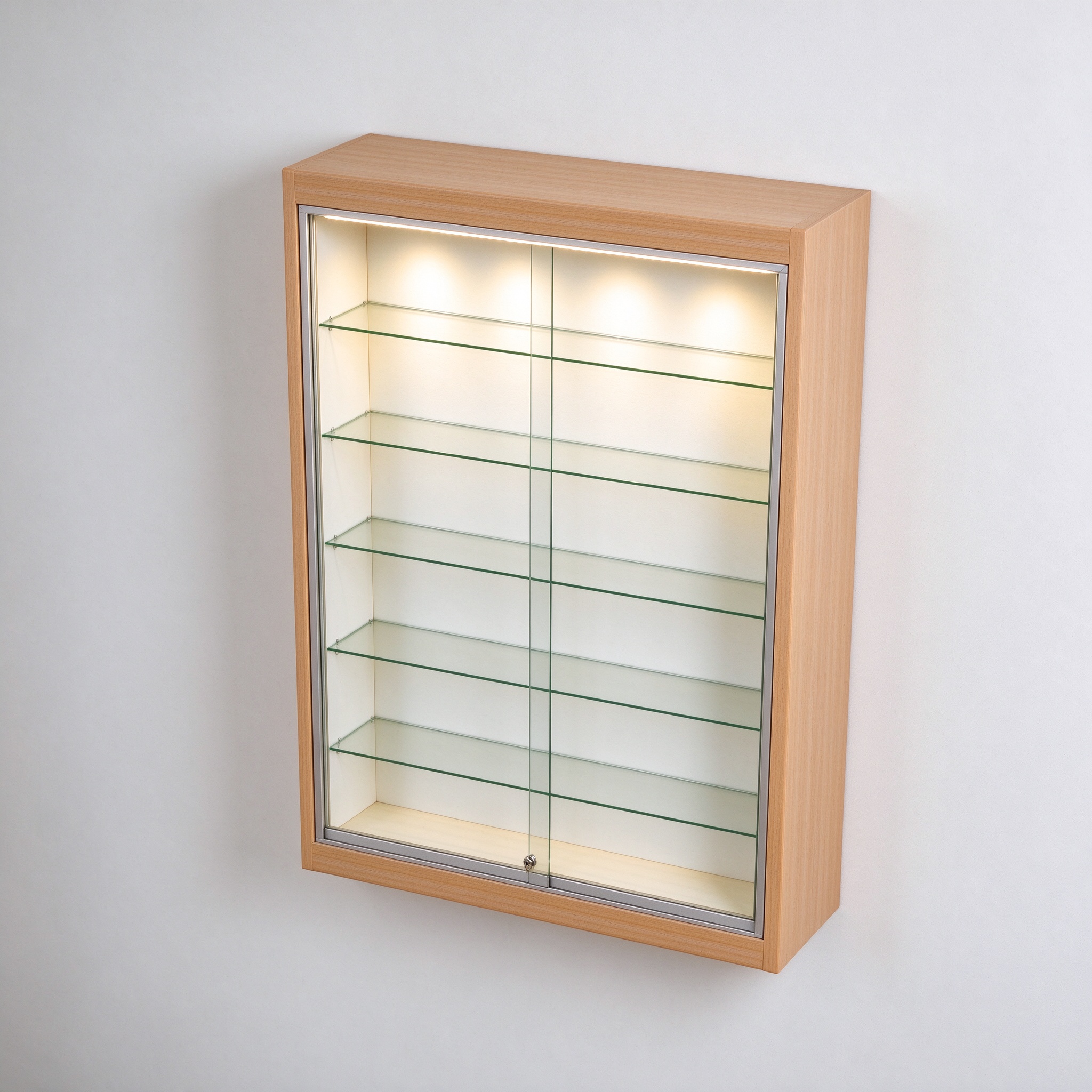 Light wood wall LED display cabinet high angle view