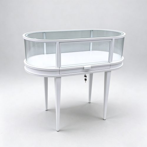 White oval glass showcase