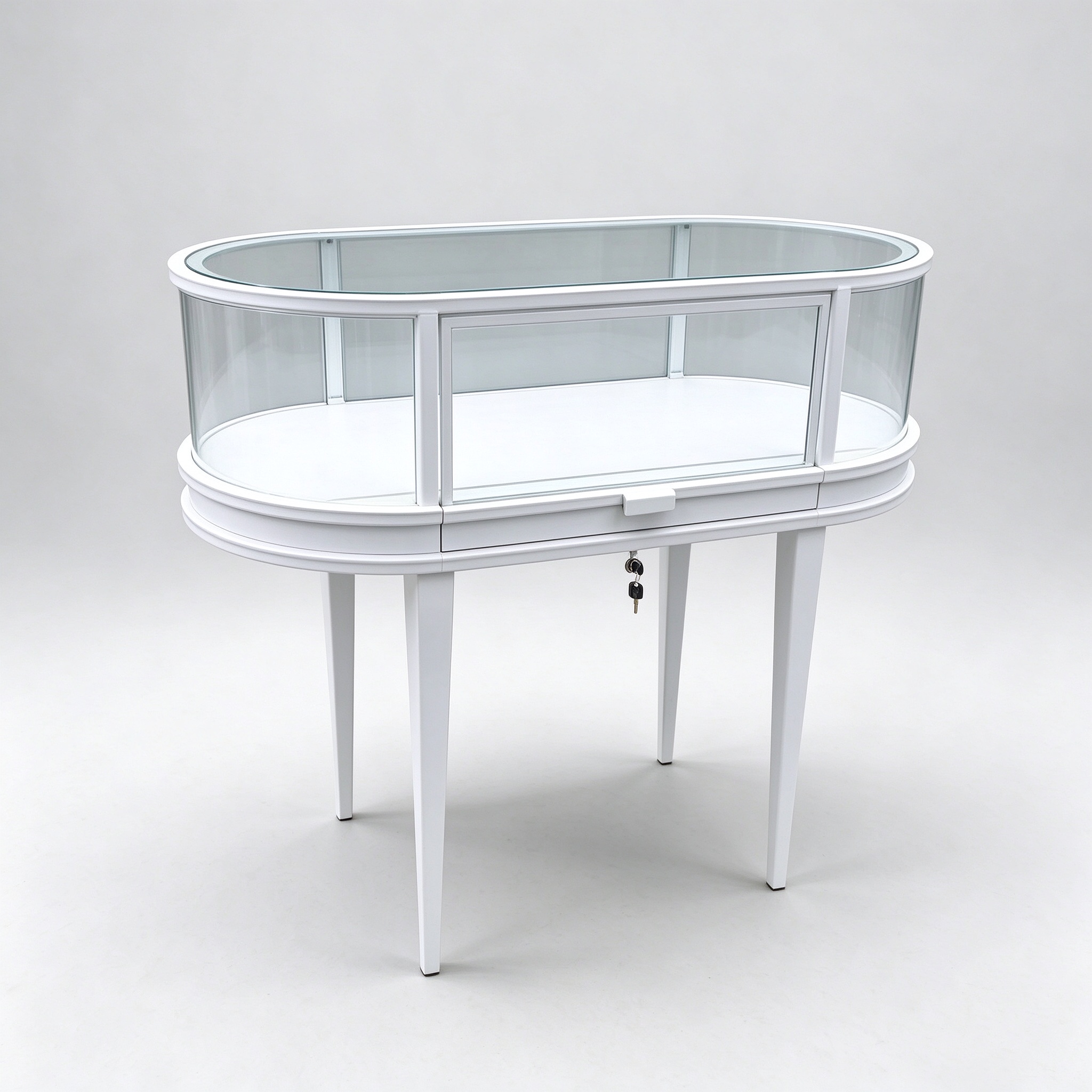 White oval glass showcase