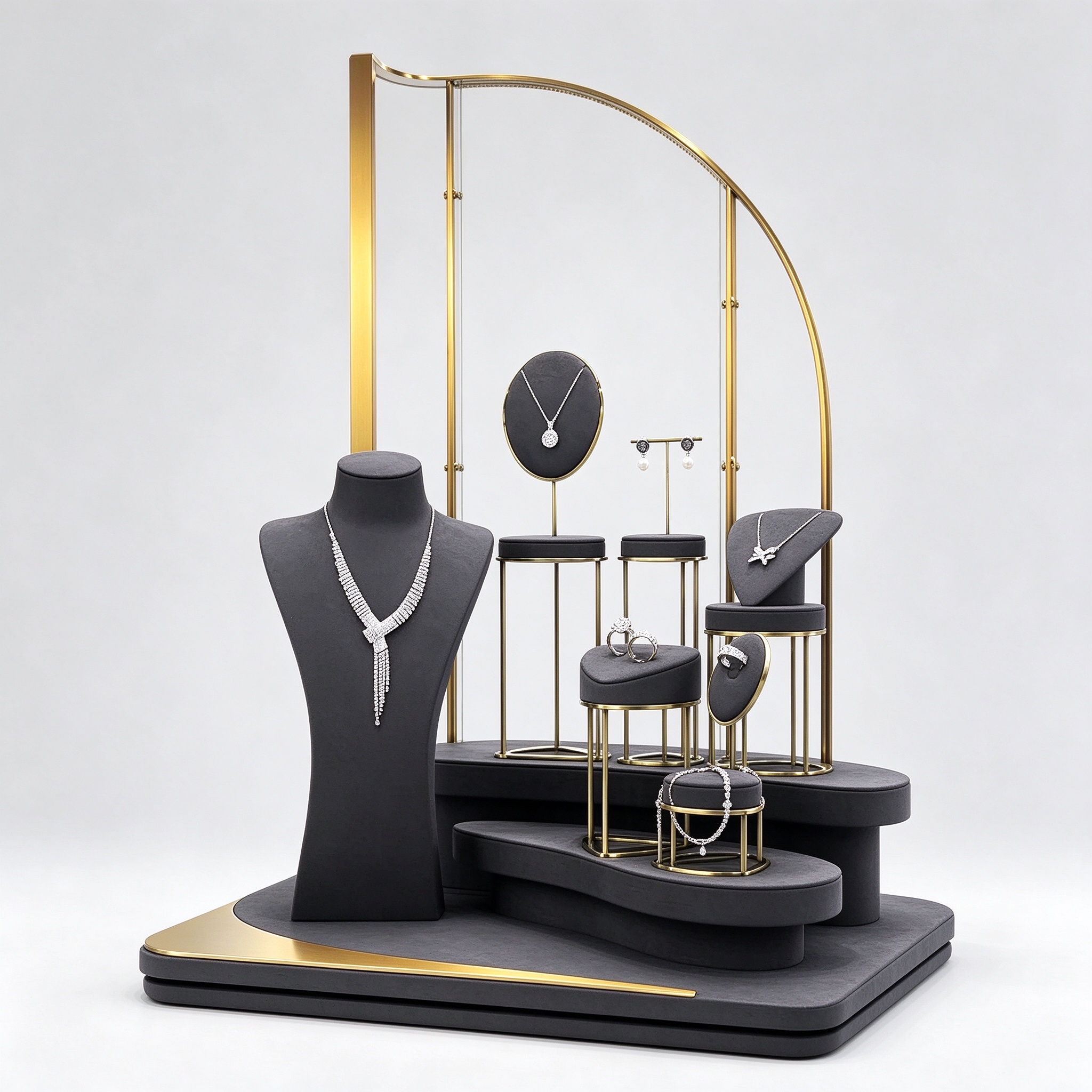 Jewelry shop window display props set with black matte stands, left 45 degree view