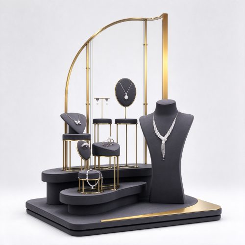 Jewelry shop window display props set with black matte stands, right 45 degree view