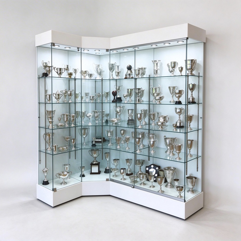 L shaped white trophy display cabinet for school and office, left 45 degree view