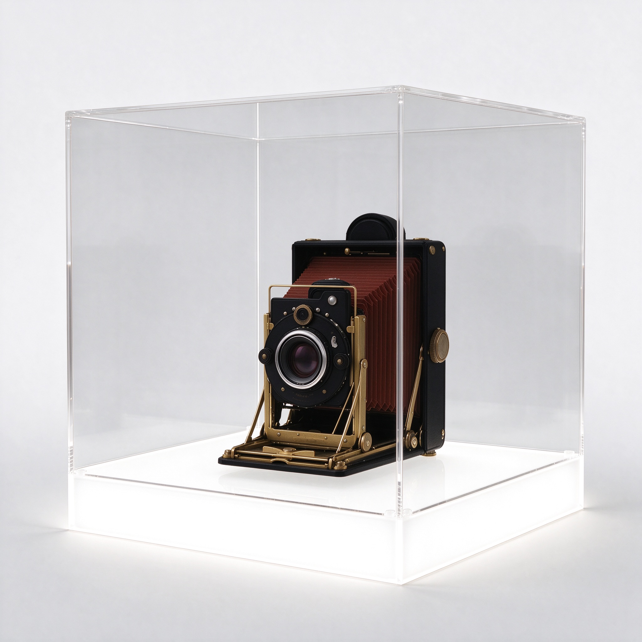 Lighted clear acrylic cube display case with glowing white base, left 45 degree view