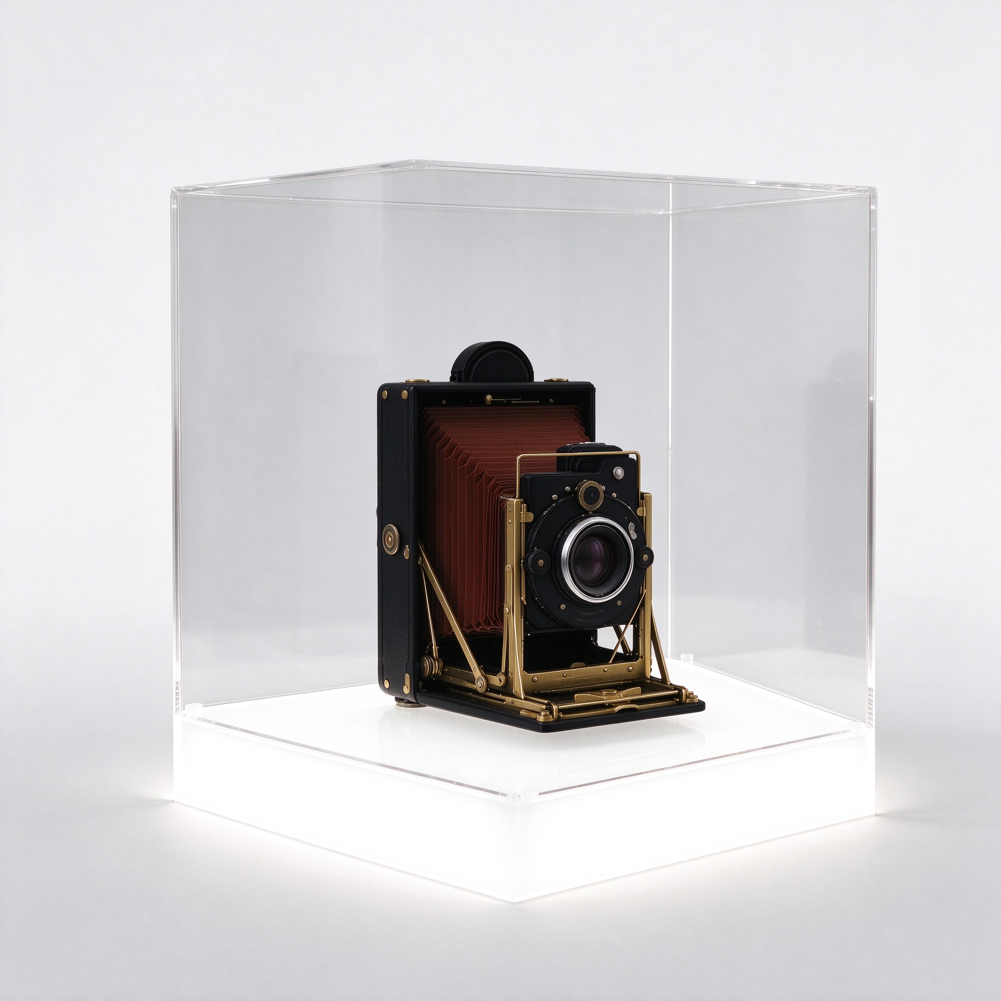 Lighted clear acrylic cube display case with glowing white base, right 45 degree view