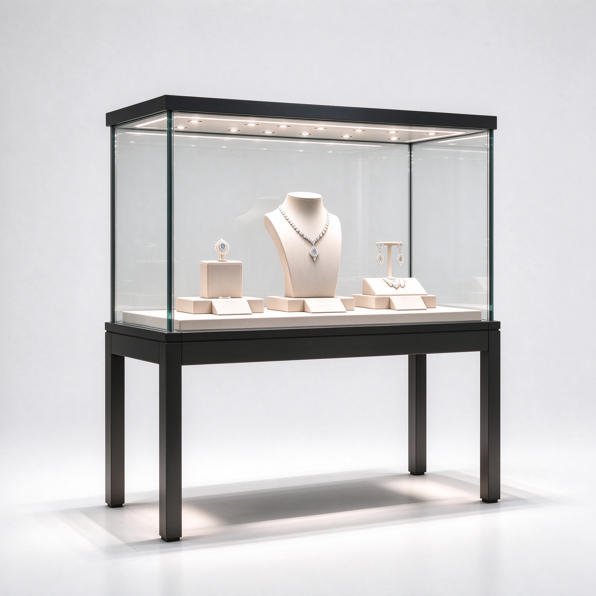 Low iron glass jewelry display case with black metal frame, left 45 degree view