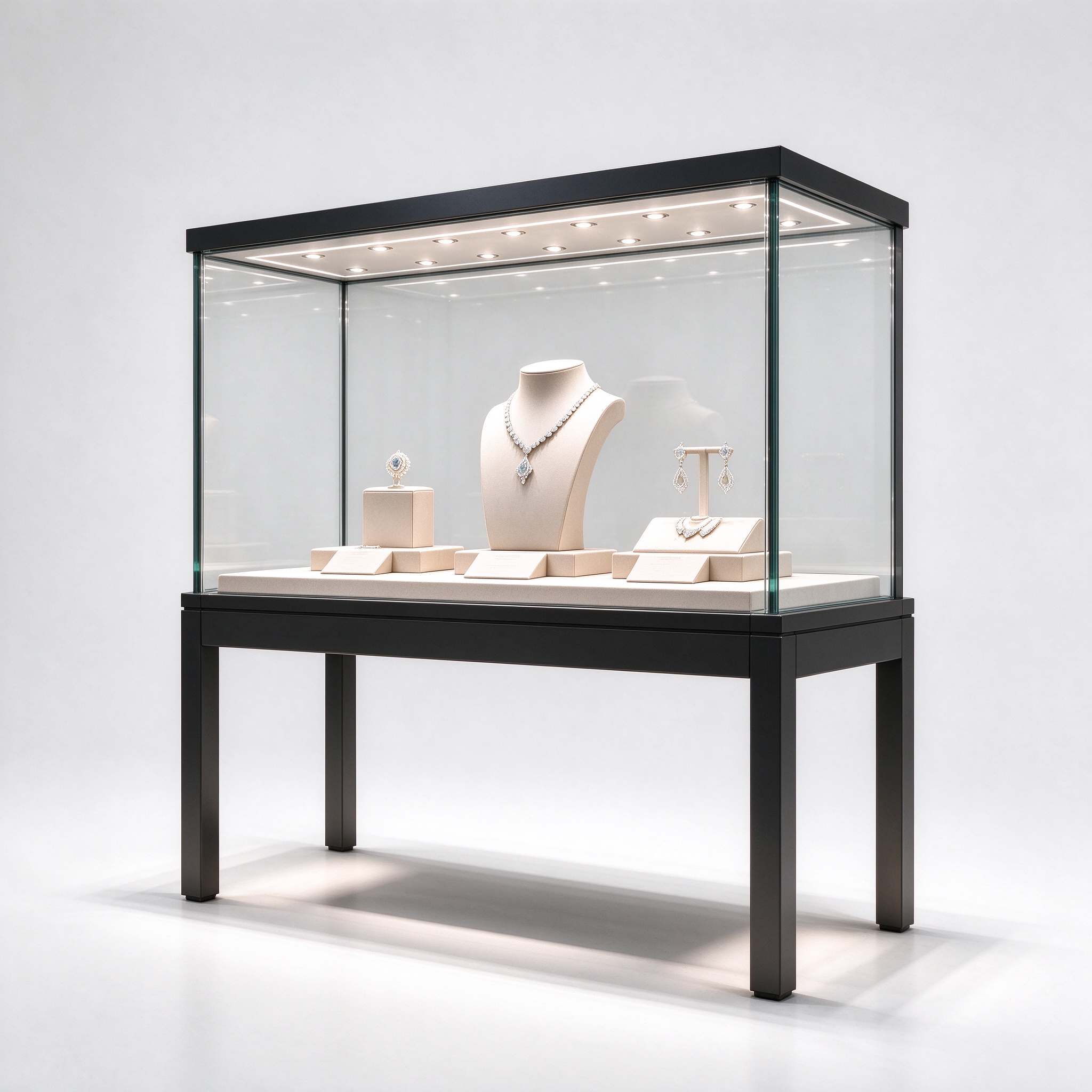 Low iron glass jewelry display case with black metal frame, right 45 degree view