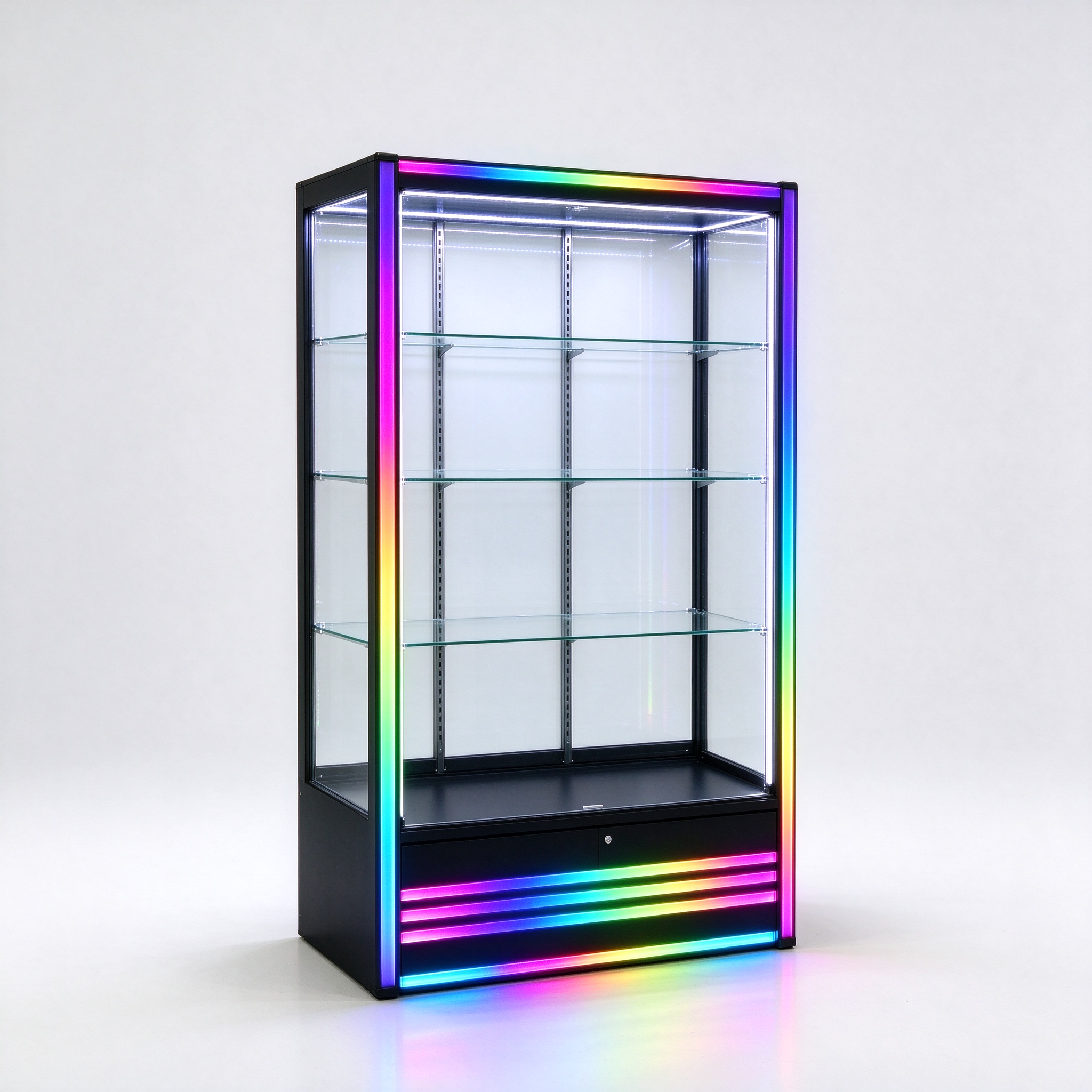 Modern LED backlit tobacco showcase with black frame and rainbow RGB lighting, left 45 degree view
