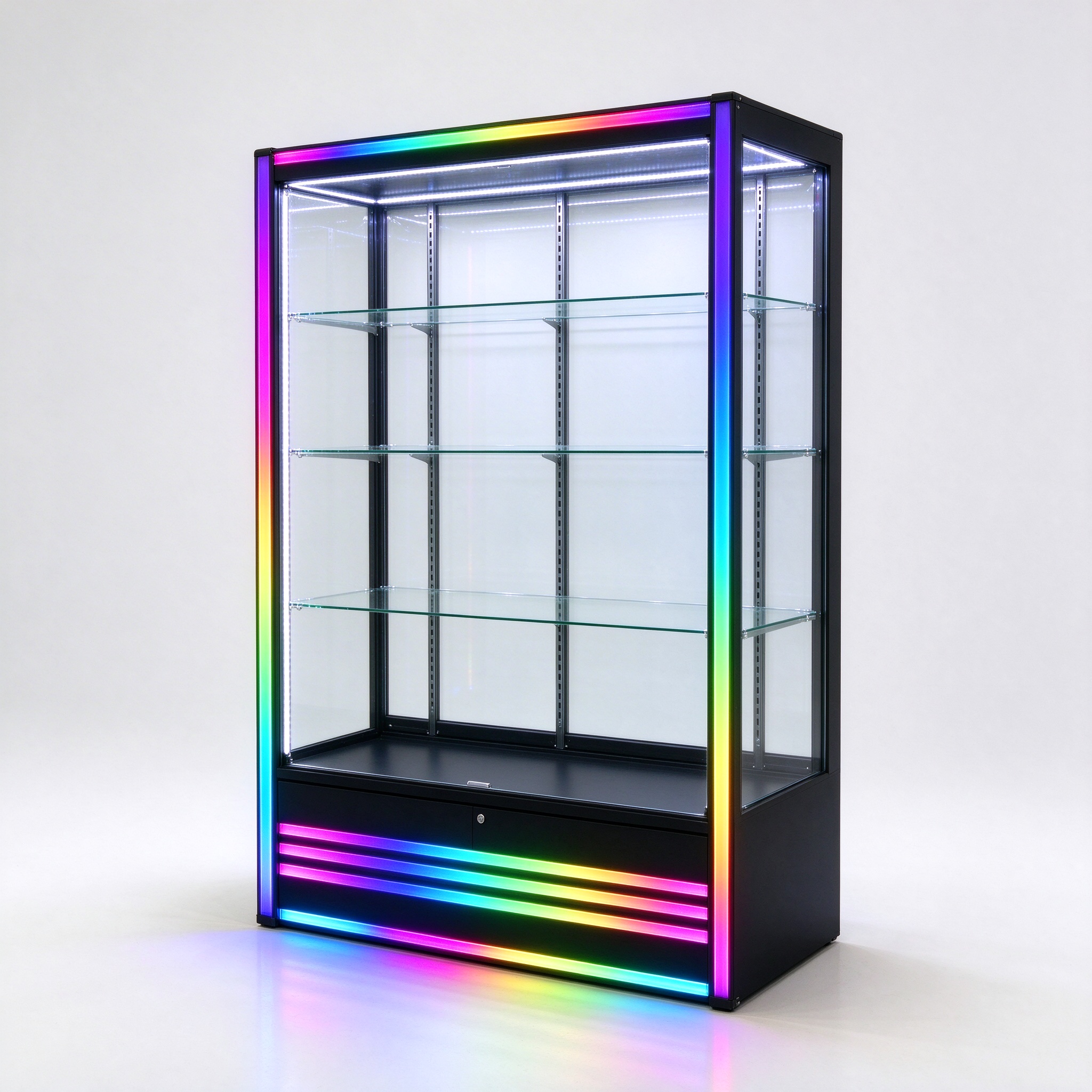 Modern LED backlit tobacco showcase with black frame and rainbow RGB lighting, right 45 degree view