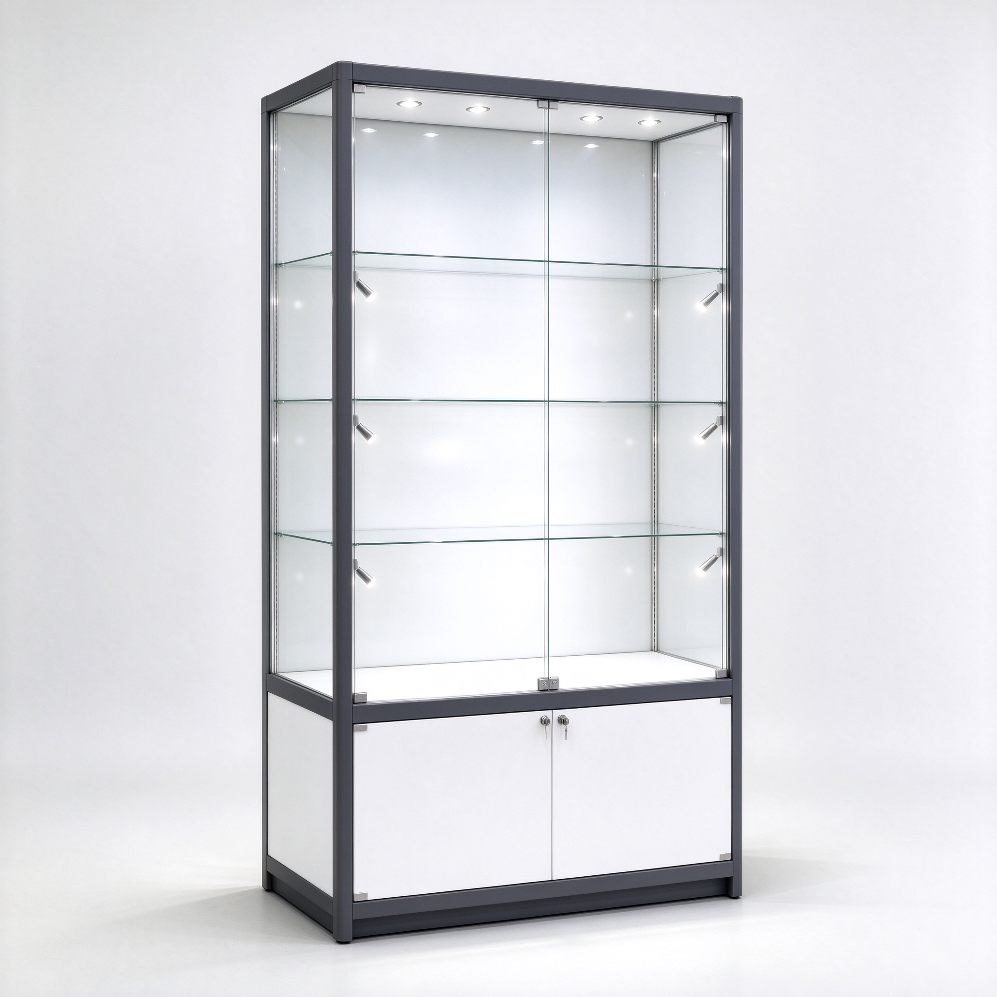 White museum display case with dark gray frame, clear glass side panels, left 45 degree view