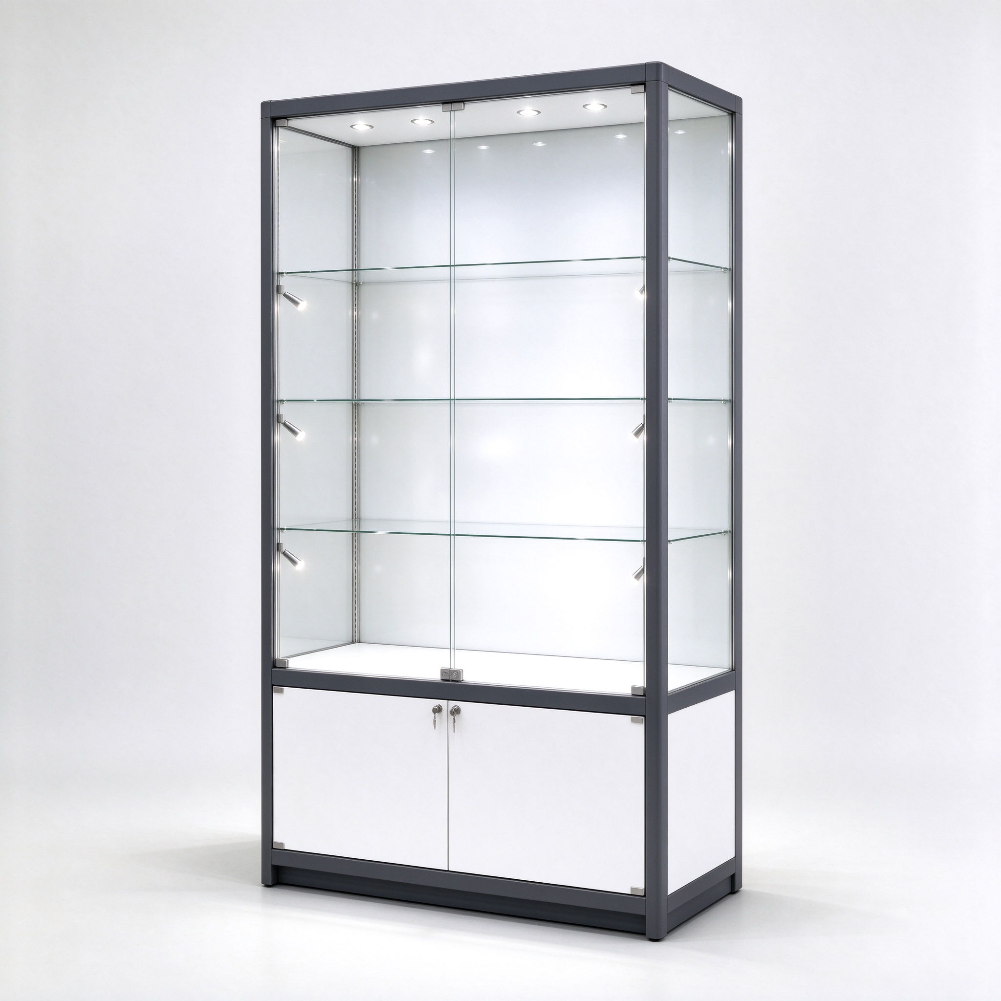 White museum display case with dark gray frame, clear glass side panels, right 45 degree view