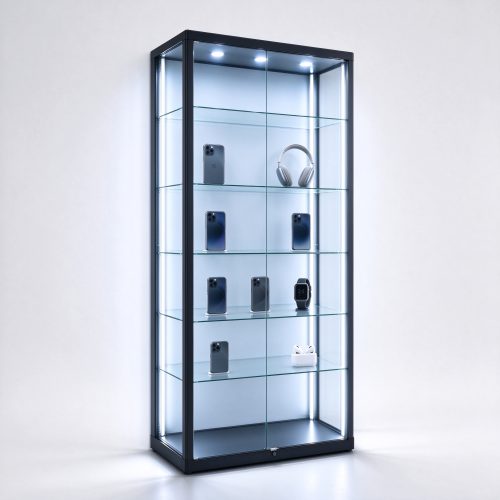 Black frame LED electronics display cabinet with glass shelves, left 45 degree view