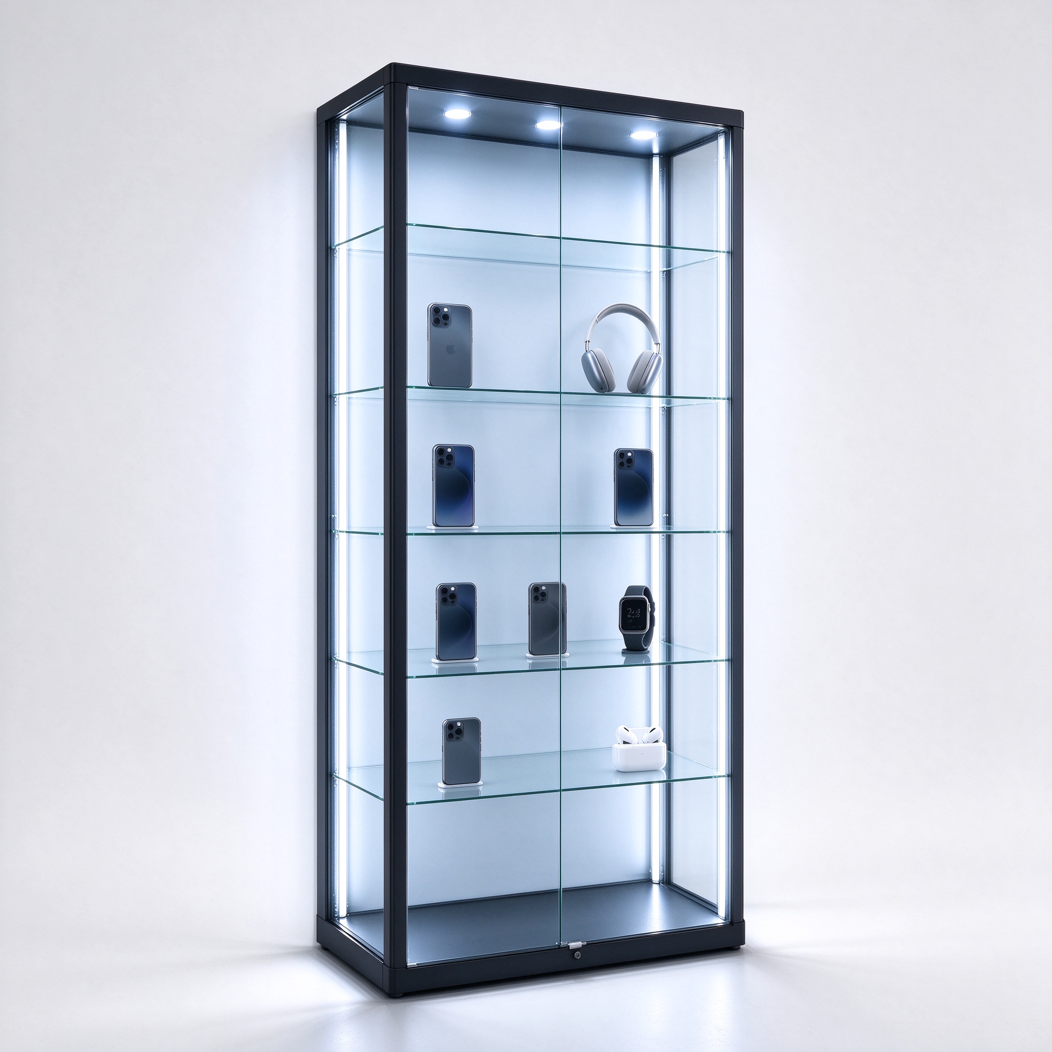 Black frame LED electronics display cabinet with glass shelves, left 45 degree view