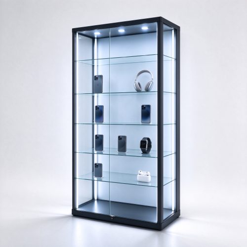 Black frame LED electronics display cabinet with glass shelves, right 45 degree view