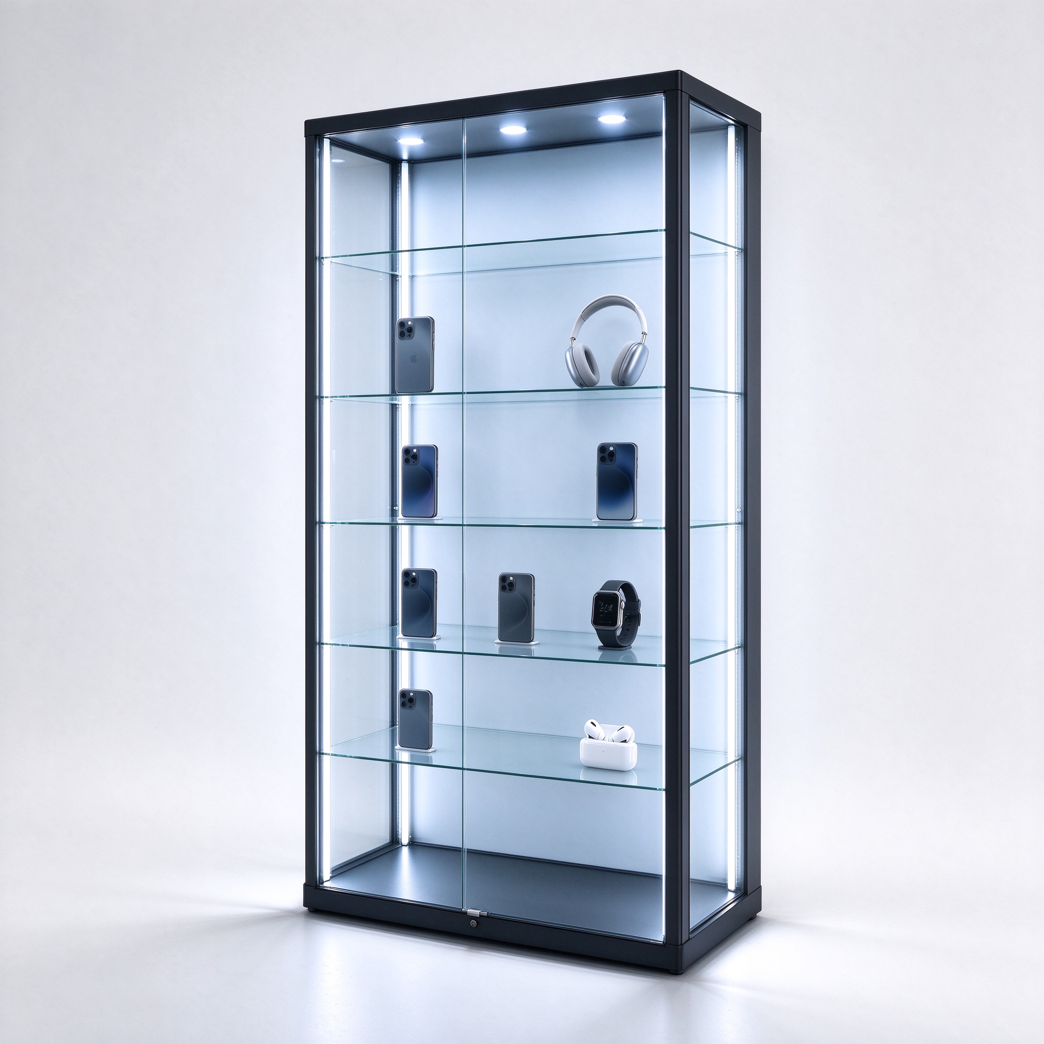 Black frame LED electronics display cabinet with glass shelves, right 45 degree view