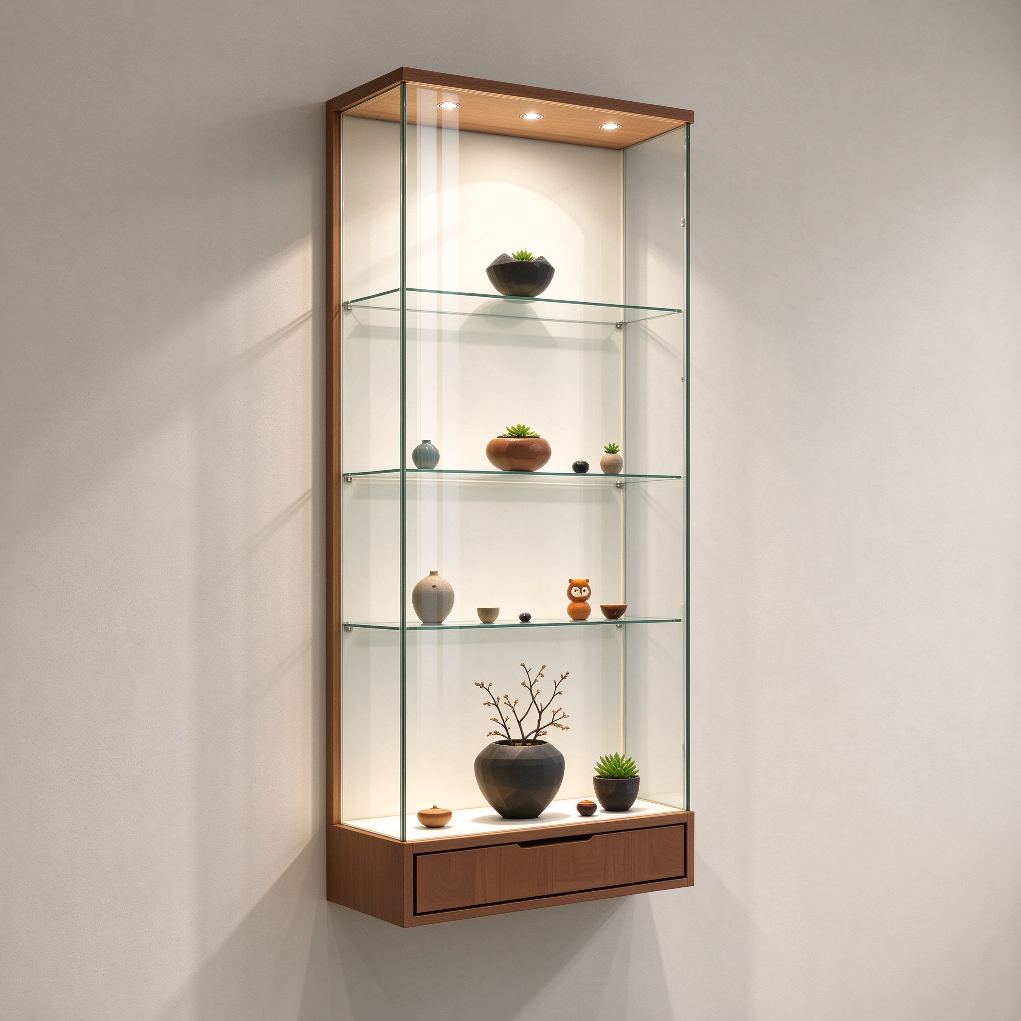 Wall mounted LED display showcase with wood frame and glass shelves, left 45 degree view