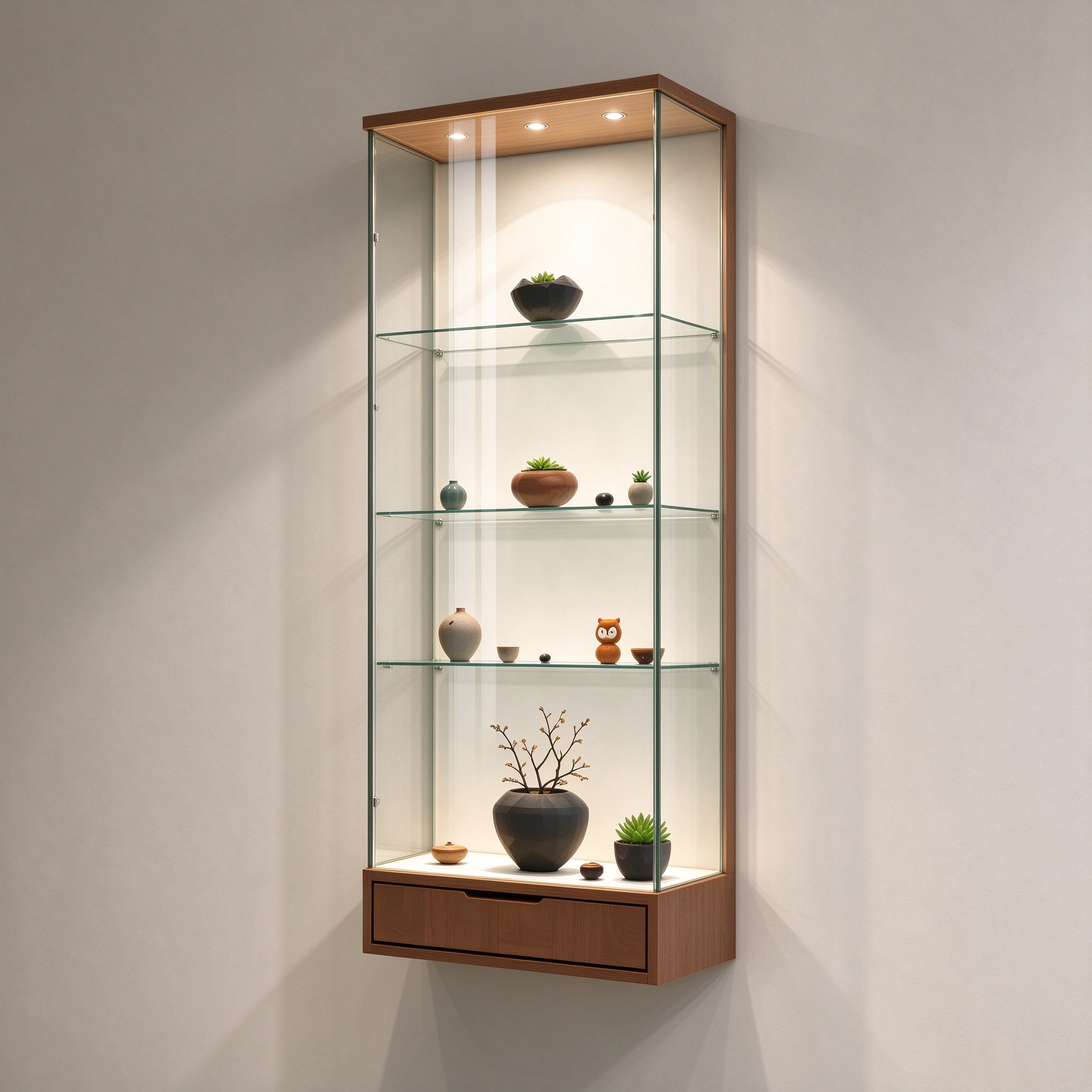 Wall mounted LED display showcase with wood frame and glass shelves, right 45 degree view